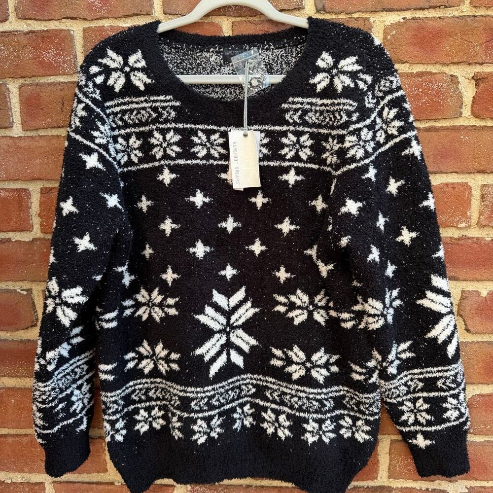 Barefoot Dreams CozyChic Seaside Fair Isle Crew Neck Sweater Black XL NWT